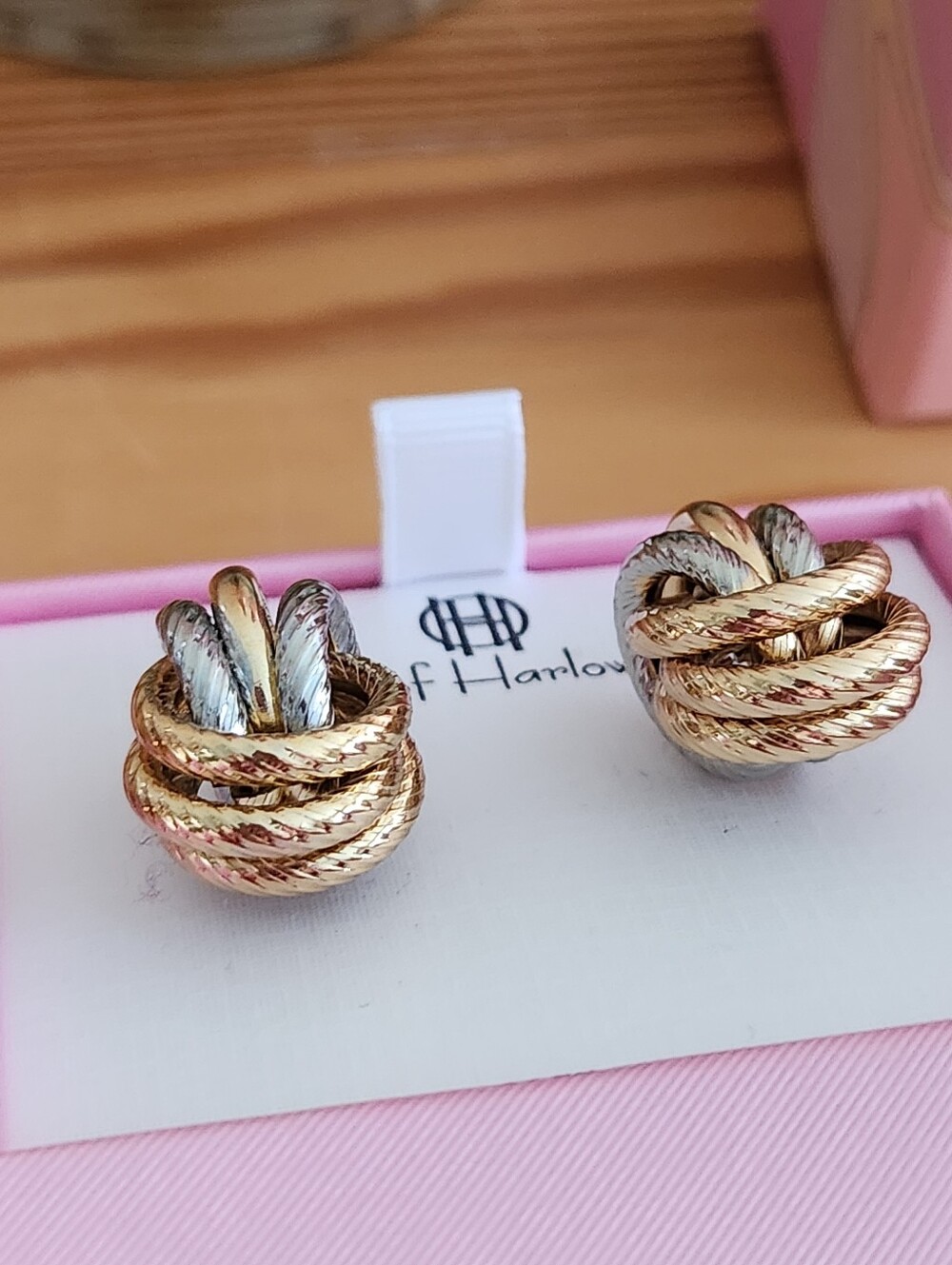 House of Harlow 1960 Two-Tone Gold and Silver Twisted Knot Clip Earrings - Picture 4 of 5